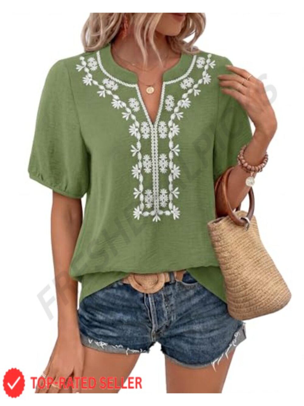 Womens Boho V Neck Short Sleeve Embroidered Floral Blouse Loose Fit Vacation Top